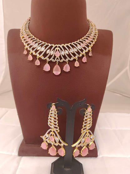 Silver CZ- Stones Dimond Design Necklace With Matching Earrings-RCJR236RCJR237