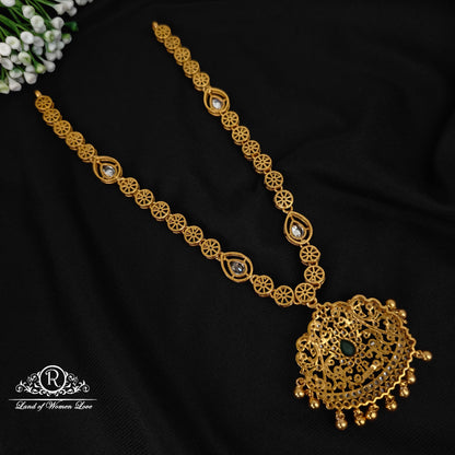 92.5 silver beautiful necklace with green stone with gold balls hangings -RCP134