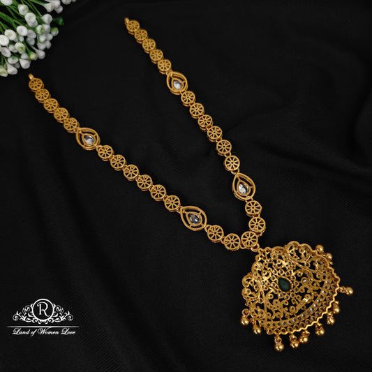 92.5 silver beautiful necklace with green stone with gold balls hangings -RCP134