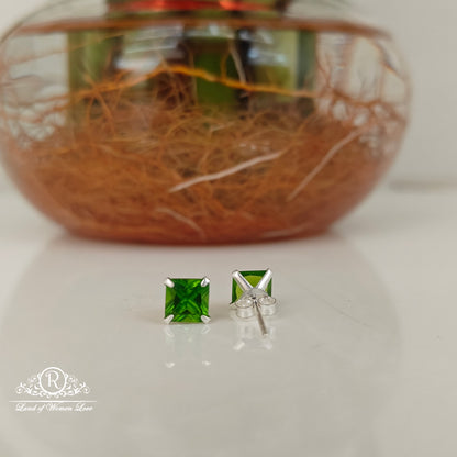 92.5 Silver Emerald green square cut Stud earrings-RCHS37-3