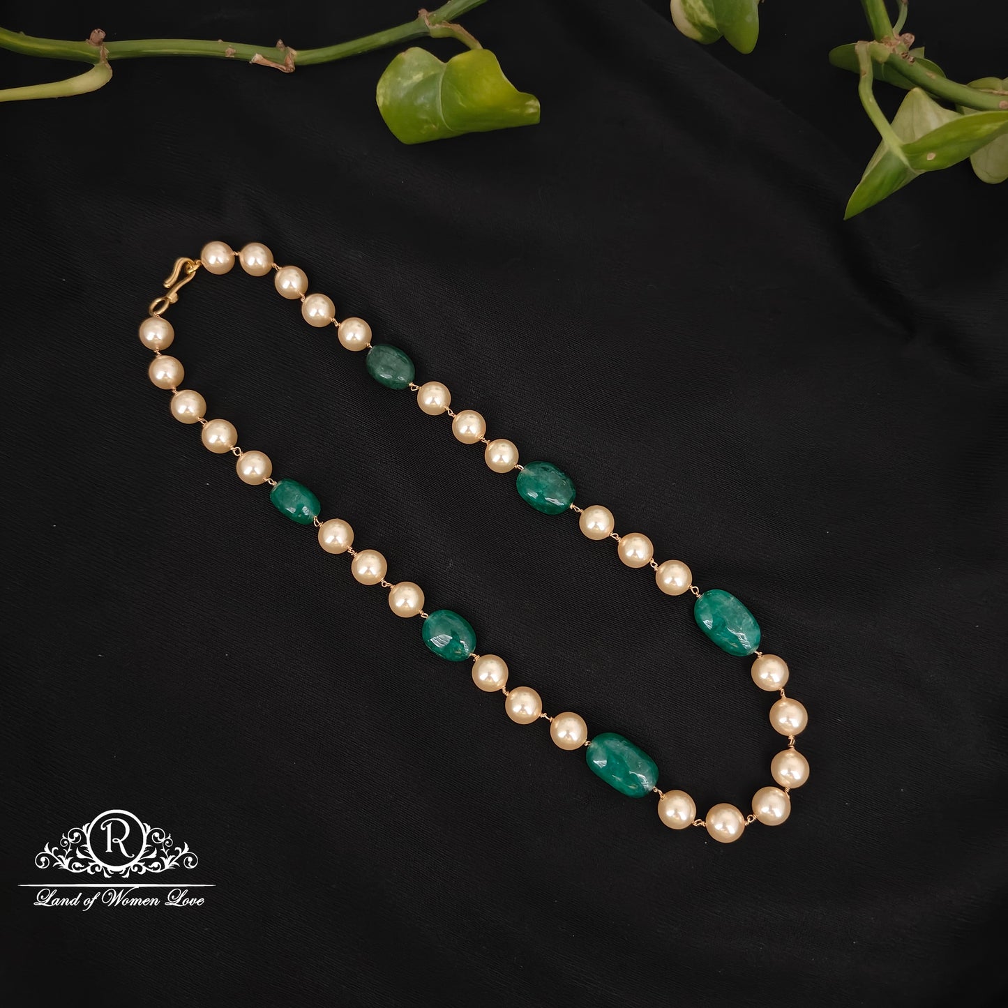 92.5 silver simple and cute beads mala with pearls and green beads-rch941 92.5 silver ramala jewelry / ramala collections