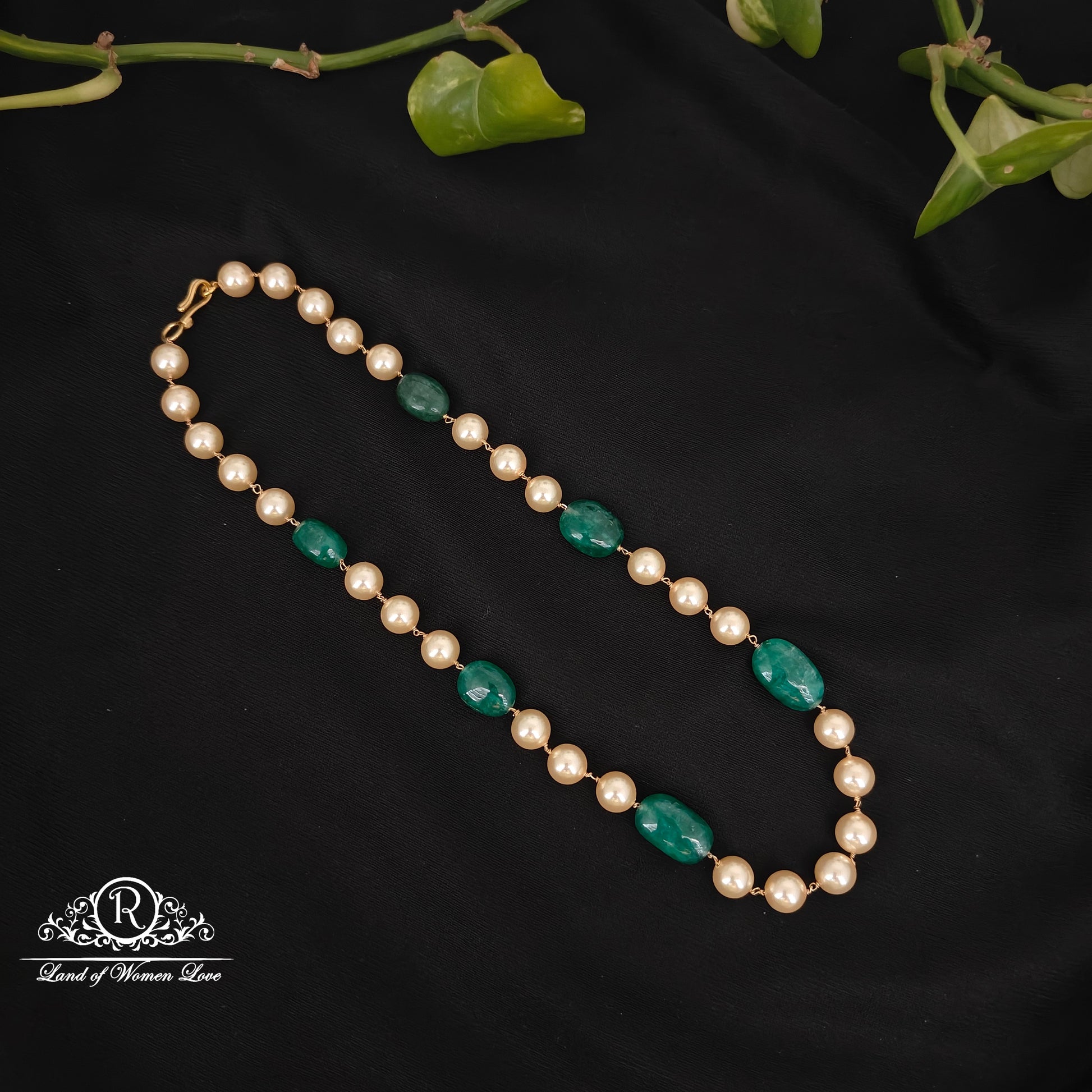 92.5 silver simple and cute beads mala with pearls and green beads-rch941 92.5 silver ramala jewelry / ramala collections