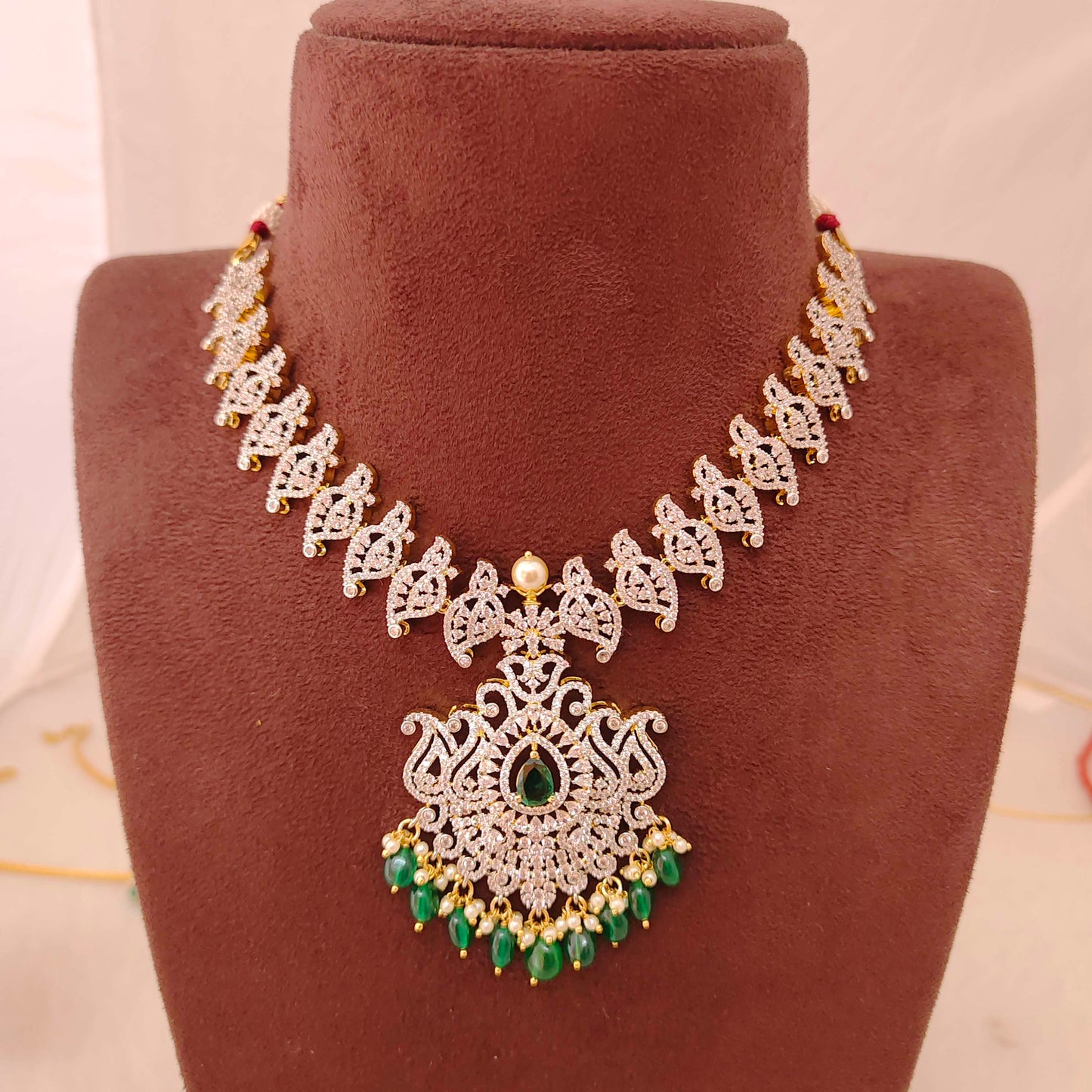 earrings silver cz- stone green beads hanging necklace - rcd338 cz 92.5 silver ramala jewelry / ramala collections
