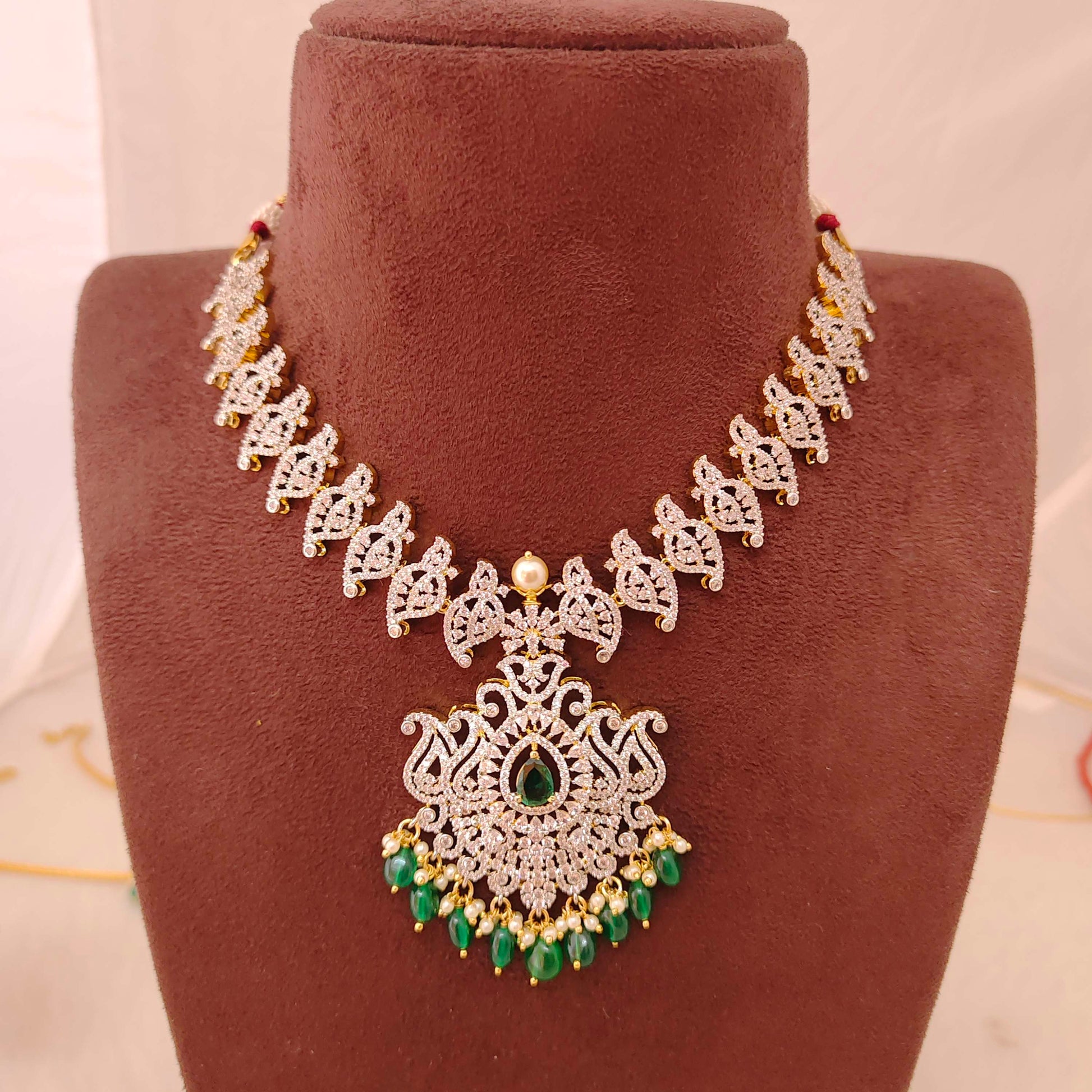 earrings silver cz- stone green beads hanging necklace - rcd338 cz 92.5 silver ramala jewelry / ramala collections