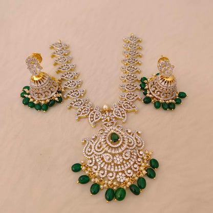 Silver CZ- stone green beads hanging necklace - RCD338