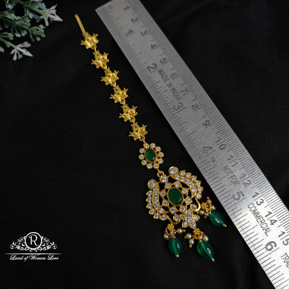 Silver white stone green beads hanging tikka-RCM1101