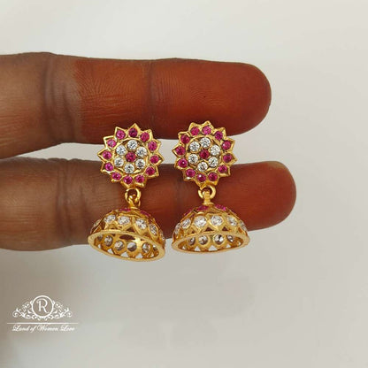 earrings silver white & kempu stones design jhumkas-rck191 92.5 silver ramala jewelry / ramala collections