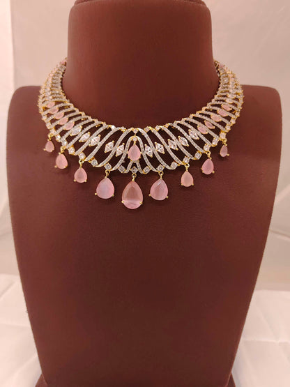 Silver CZ- Stones Dimond Design Necklace With Matching Earrings-RCJR236RCJR237