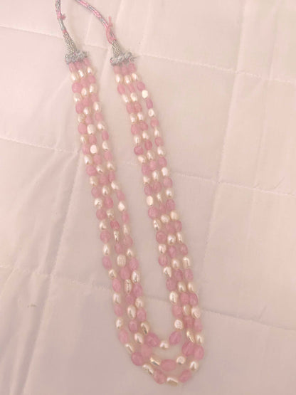 Pink Ovel Shape Monalisa Glass Stone With Pearls 3 Line Beads Mala-RCMB18