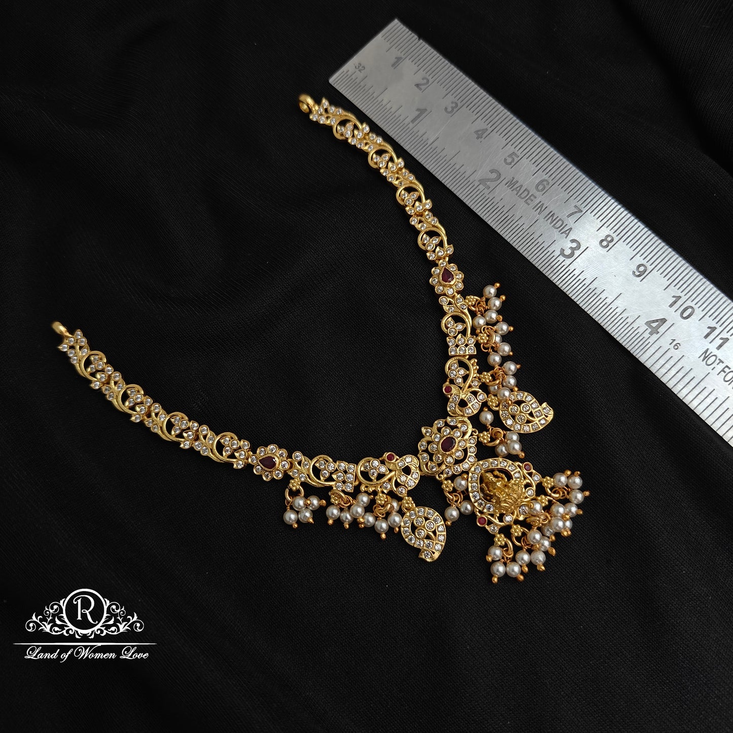 92.5 Silver Lakshmi Devi and Mango design pearls Necklace-RCM1134