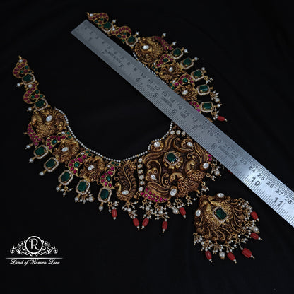 92.5 Silver peacock design Nakshi haram with polki and kundans-RCM1120