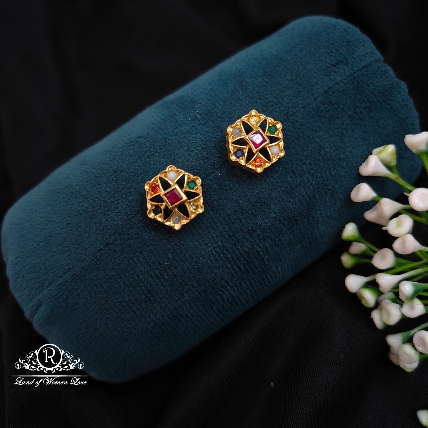 stud 92.5 silver navaratna flower design studs-rccp321-17 navaratna 92.5 silver ramala jewelry / ramala collections