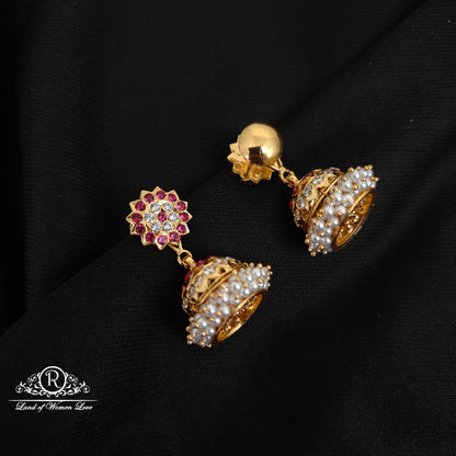 Silver White & Kempu Stones Pearls Design jhumkas-RCK190