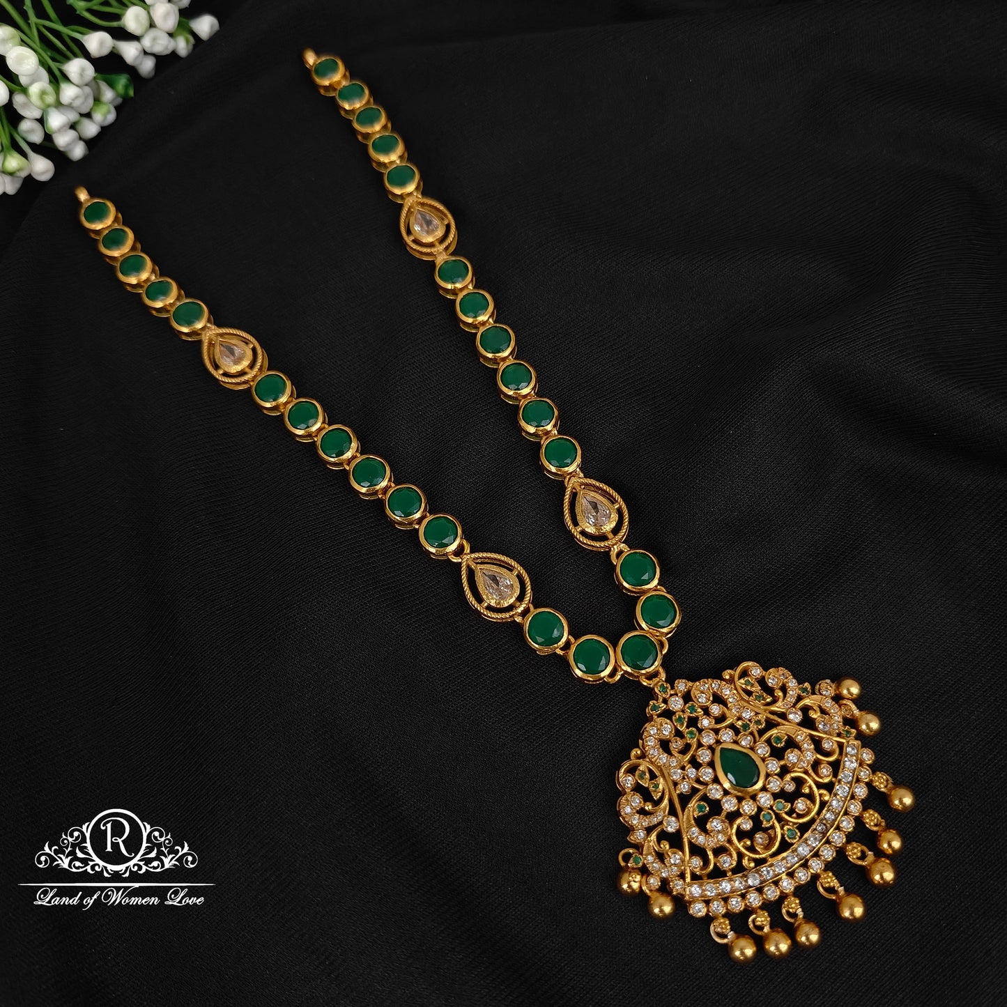 necklace 92.5 silver beautiful necklace with green stone with gold balls hangings -rcp134 92.5 silver ramala jewelry / ramala collections