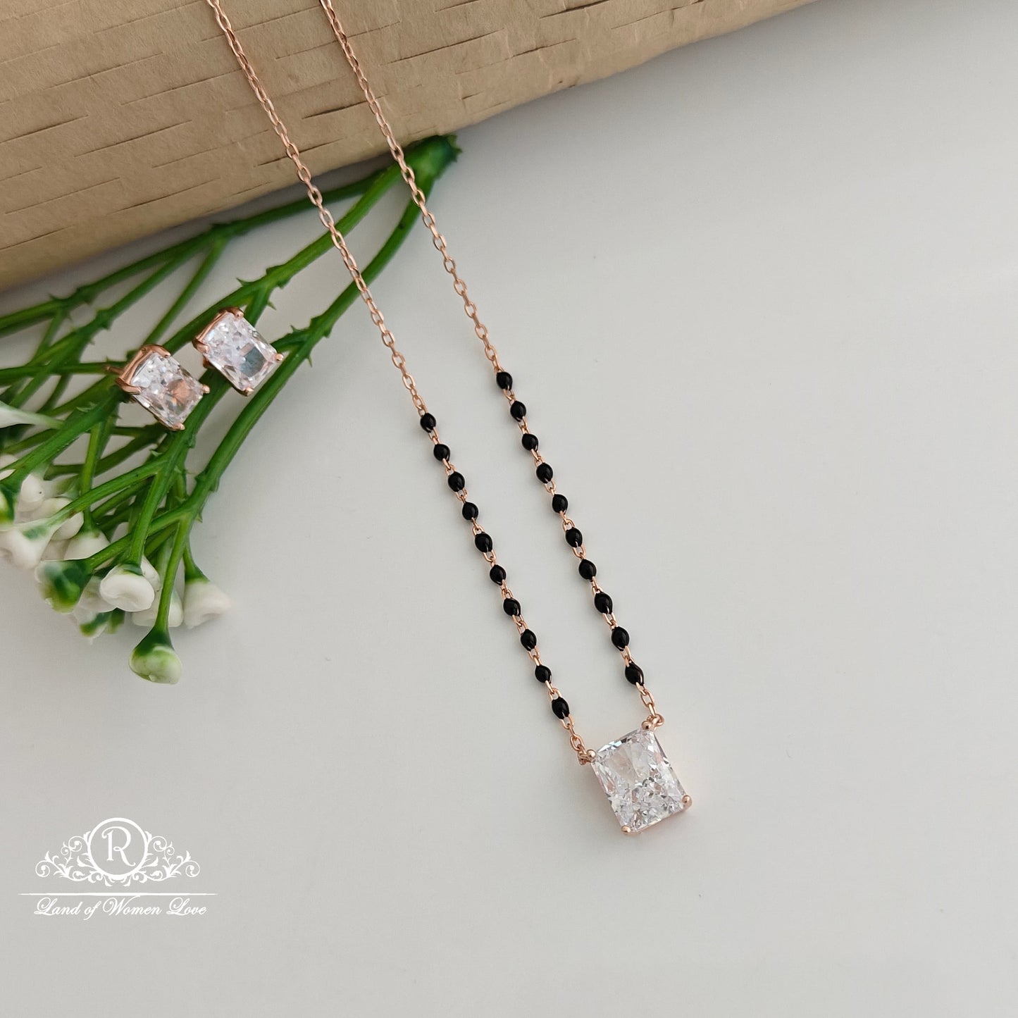 Silver rose gold polish black beads with earrings set-RCRB22