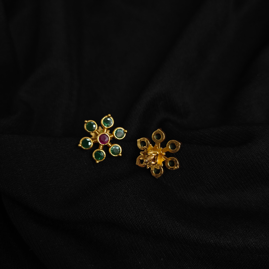 92.5 Silver Flower design Green and middle pink Stone Studs-RCM1082