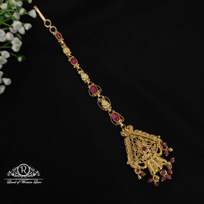 maang tikka 92.5 silver simple and cute tikka with ruby stones and hangings -rchk0164 ruby 92.5 silver ramala jewelry / ramala collections