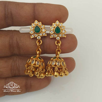 Silver White & Green Stones Design jhumkas-RCCP129