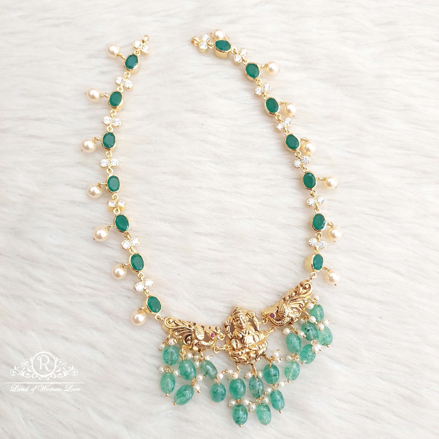 Silver Green Stones Lakshmi Devi Necklace-S780