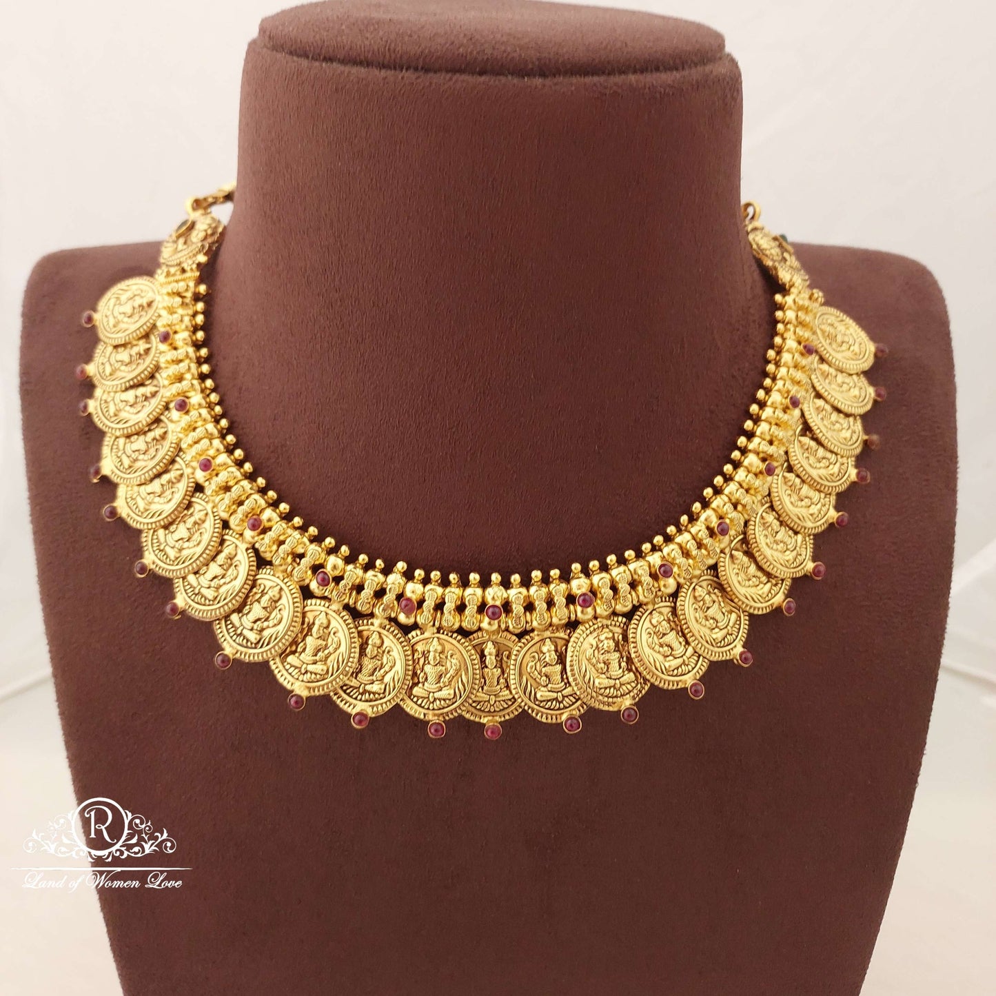 Silver With Kempu Stones Lakshmi Devi Kasula Necklace-C113