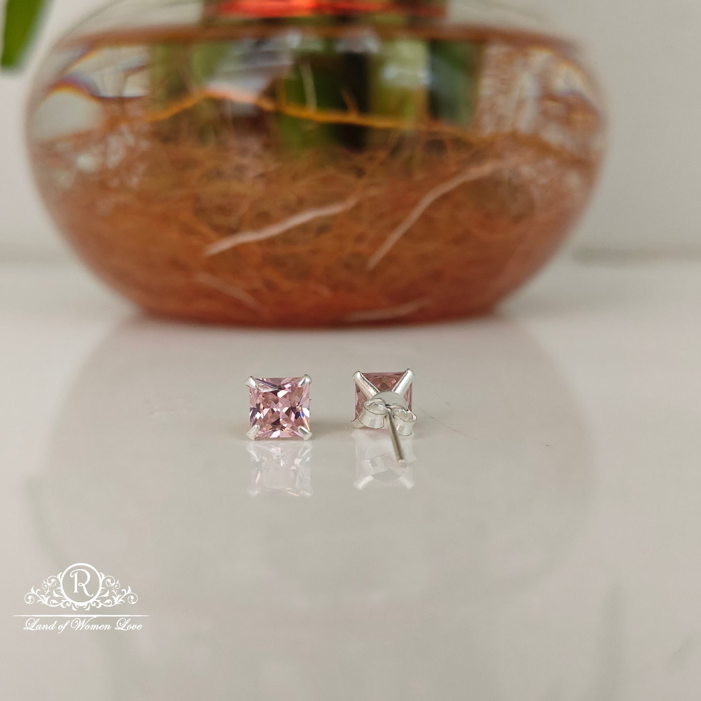 92.5 Silver Pink coloured square cut Stud earrings-RCHS37-1