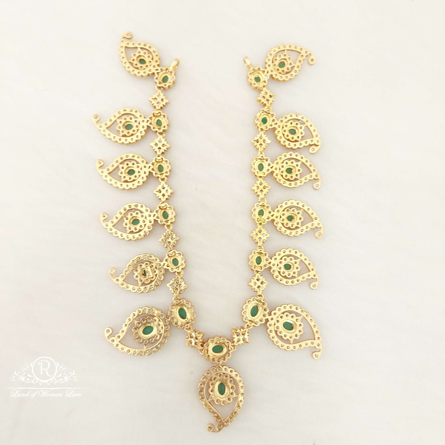 Silver With Green Stones Mango Design Necklace-C124