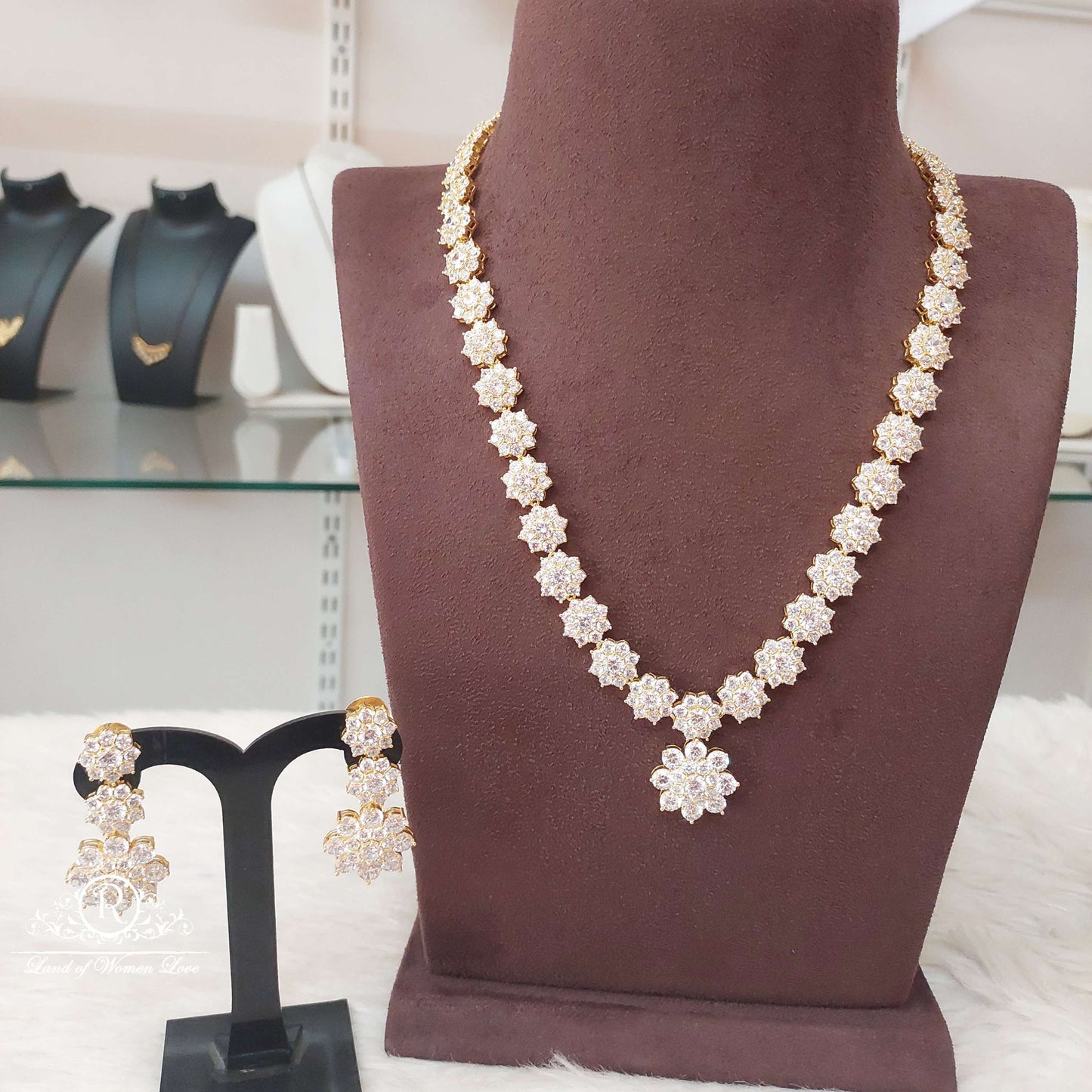 Silver White Stones Necklace With Earrings-S777S778