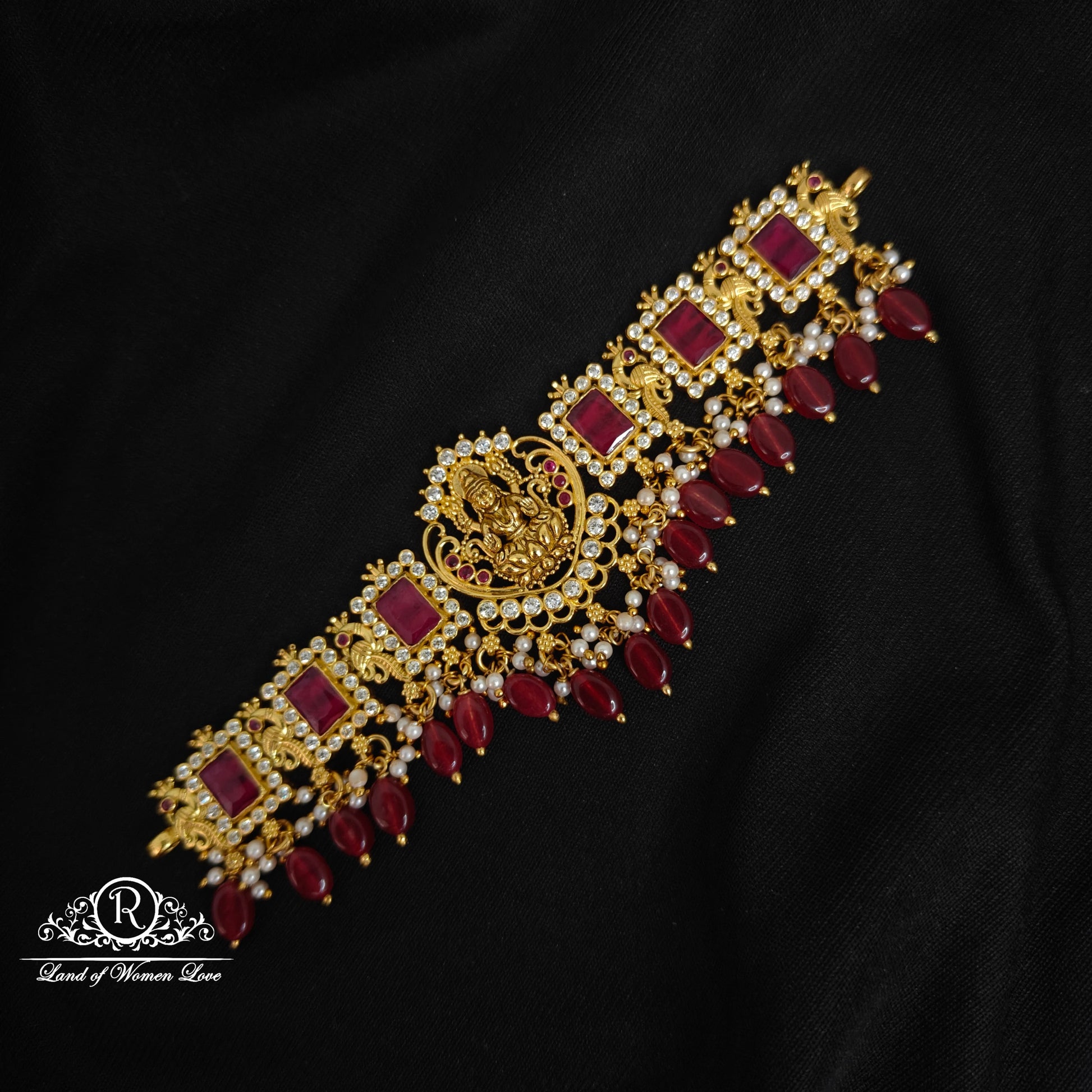 92.5 silver lakshmi devi design pink and white stones chocker-rc89-60m18 92.5 silver ramala jewelry / ramala collections