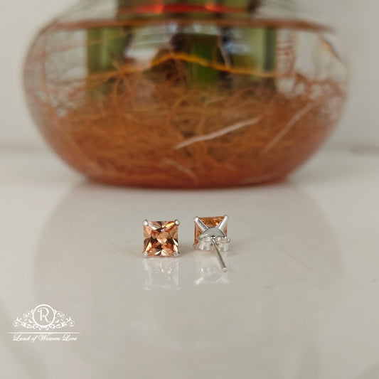 92.5 S Silver golden peach coloured square cut Stud earrings-RCHS37-4