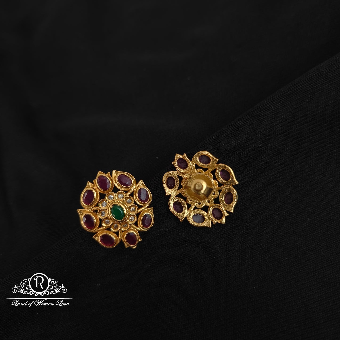 92.5 Silver Ruby flower design earrings-RCCP387