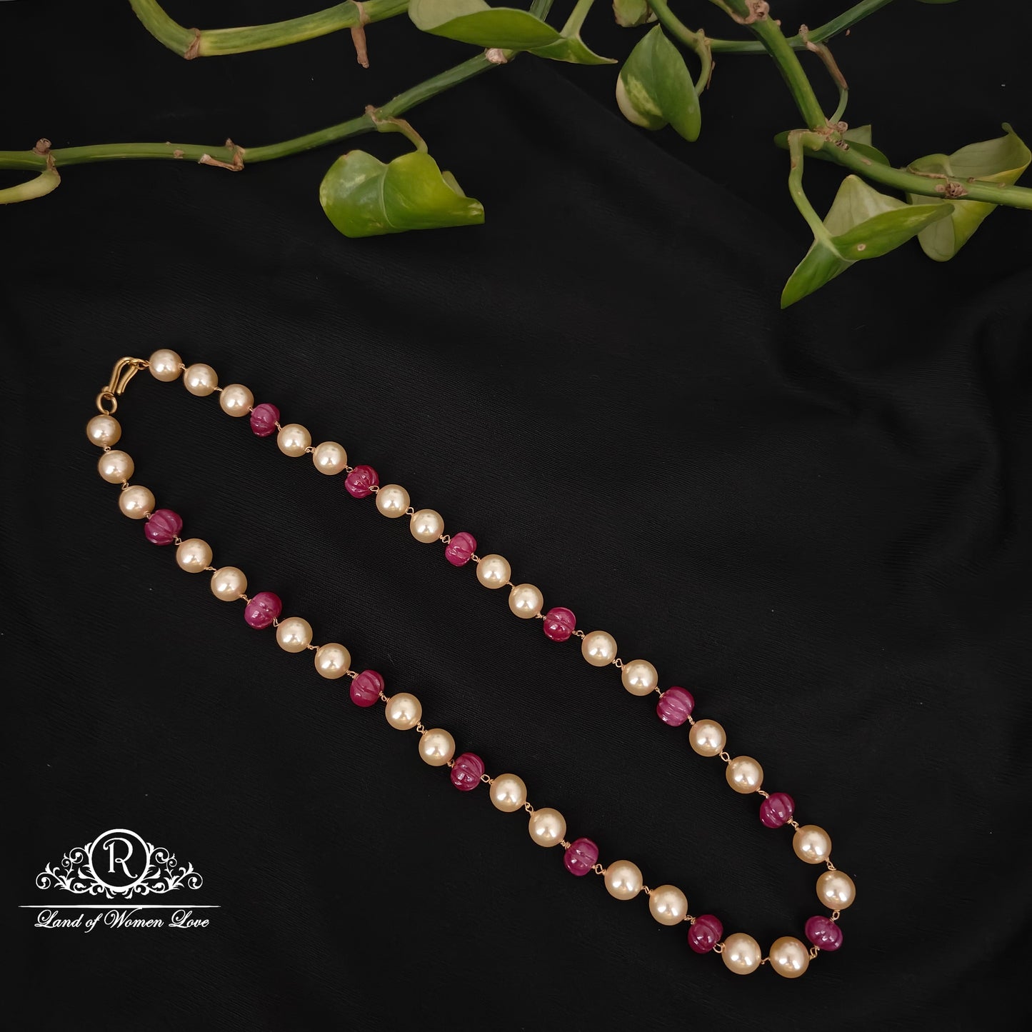 92.5 silver simple and cute beads mala with pearls and pink pumpkin bead-rch939 92.5 silver ramala jewelry / ramala collections