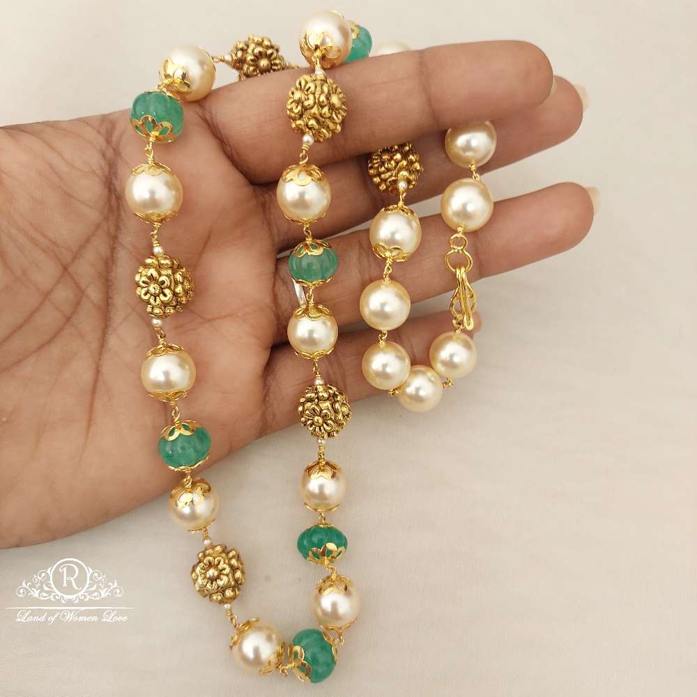 Silver Nakshi Gold Balls With Pearls Beads Mala-H097