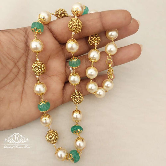 Silver Nakshi Gold Balls With Pearls Beads Mala-H097