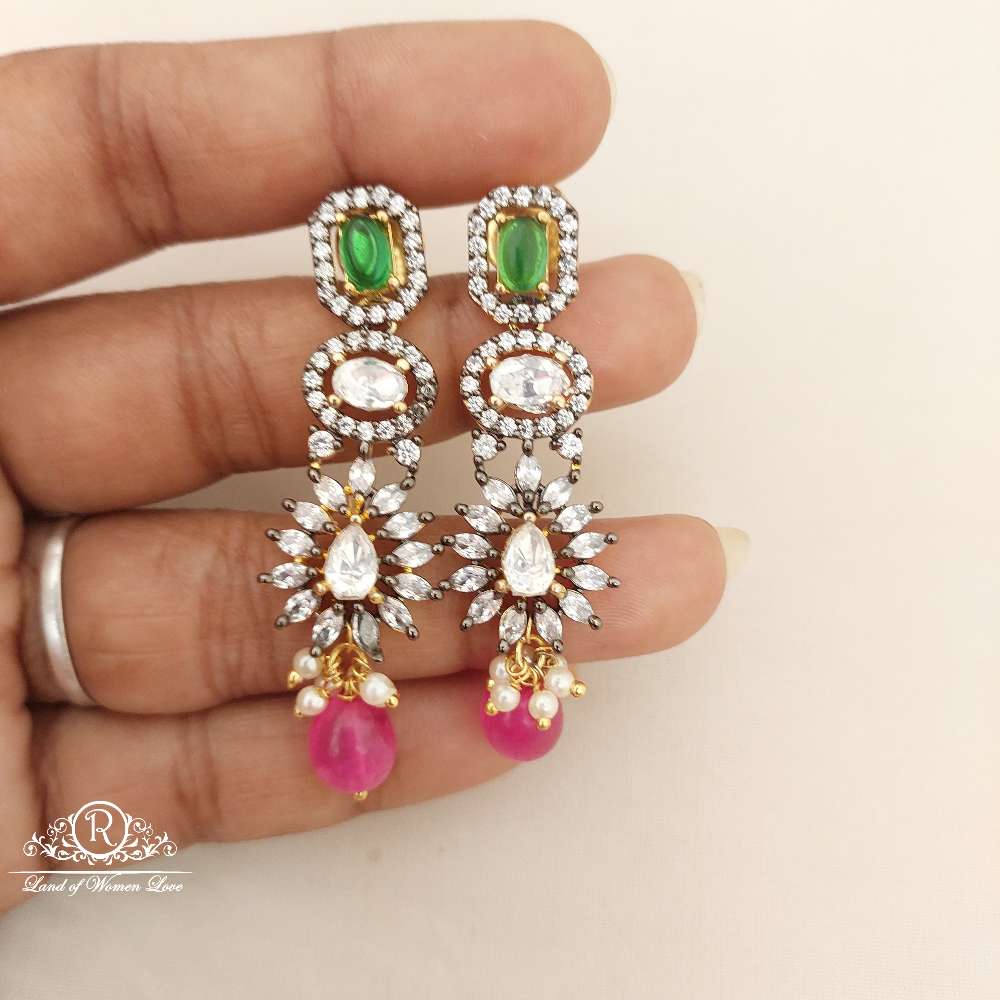 Silver Black CZ- White Stones Earrings-M209