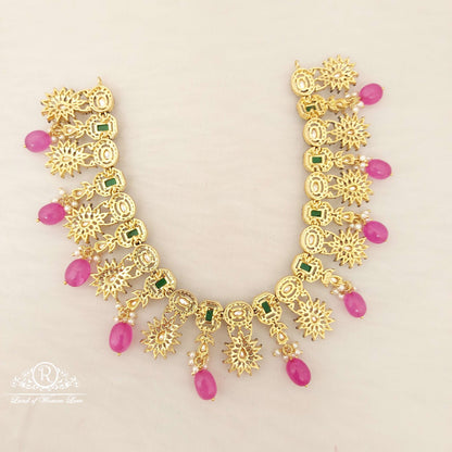 Silver Black CZ- White Stones & Green Stones Necklace-M208