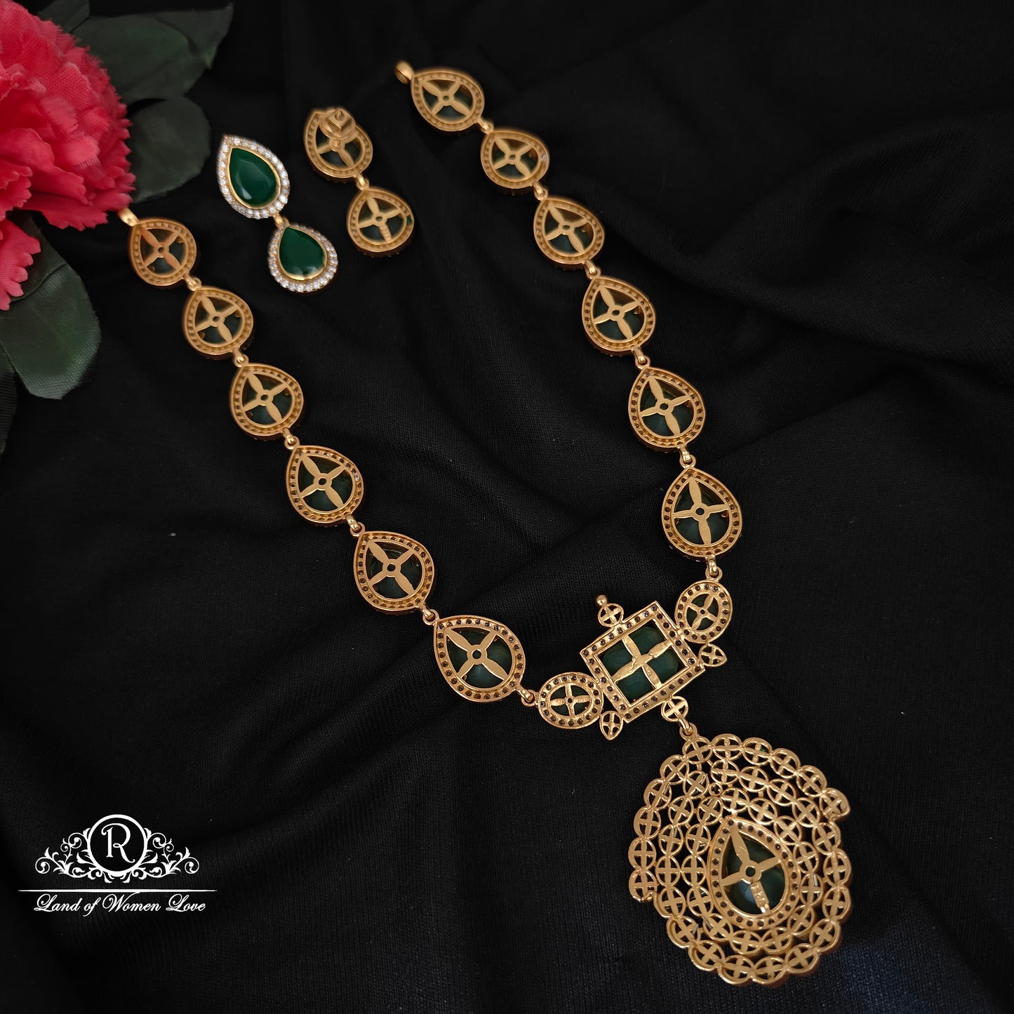 92.5 silver simple and Cute green stone necklace with earrings-RCL64