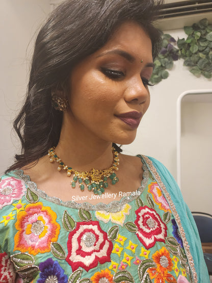 Silver Green Stones Lakshmi Devi Necklace-S780