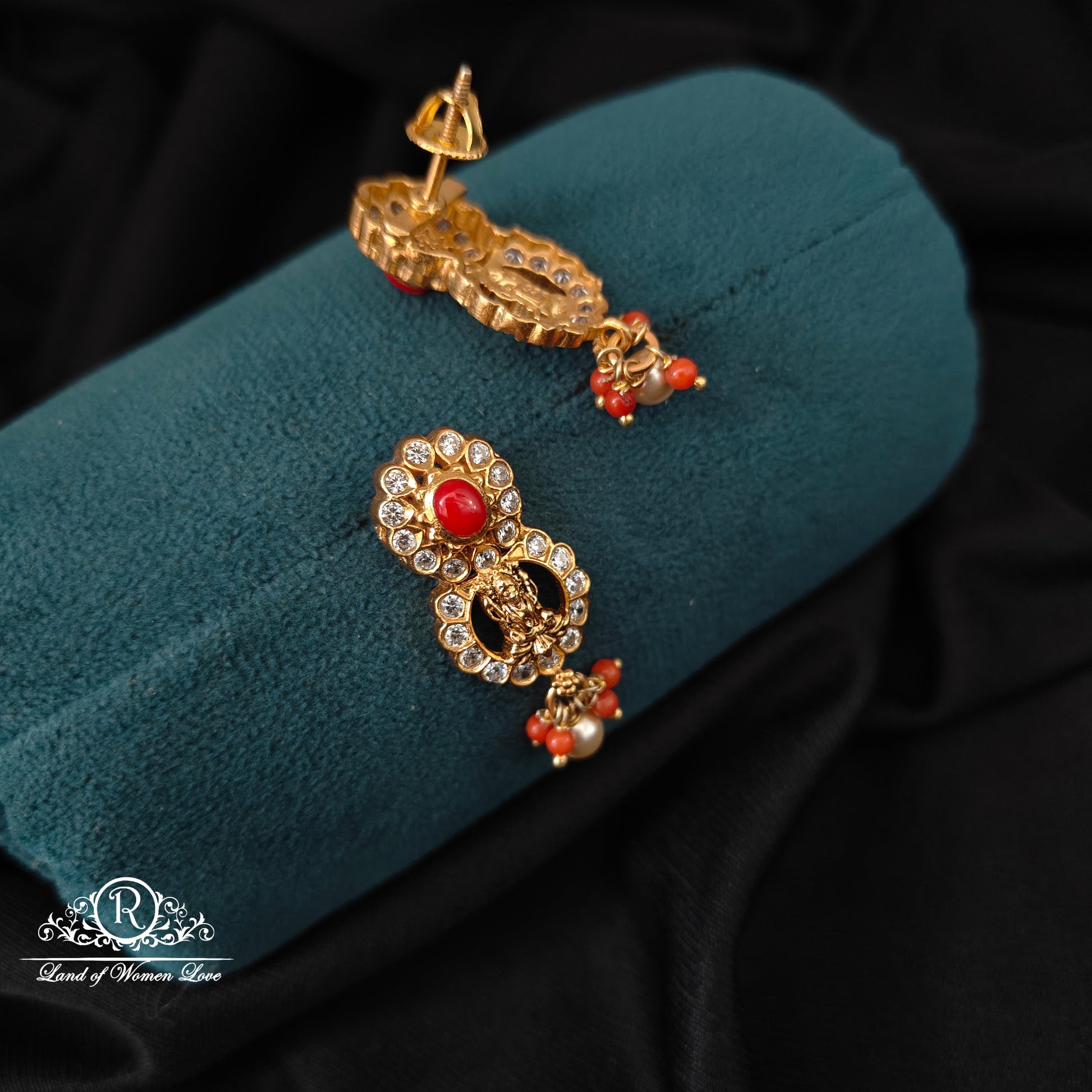 earrings 92.5 silver simple and cute lakshmi devi design with coral earrings -rcm321 coral 92.5 silver ramala jewelry / ramala collections