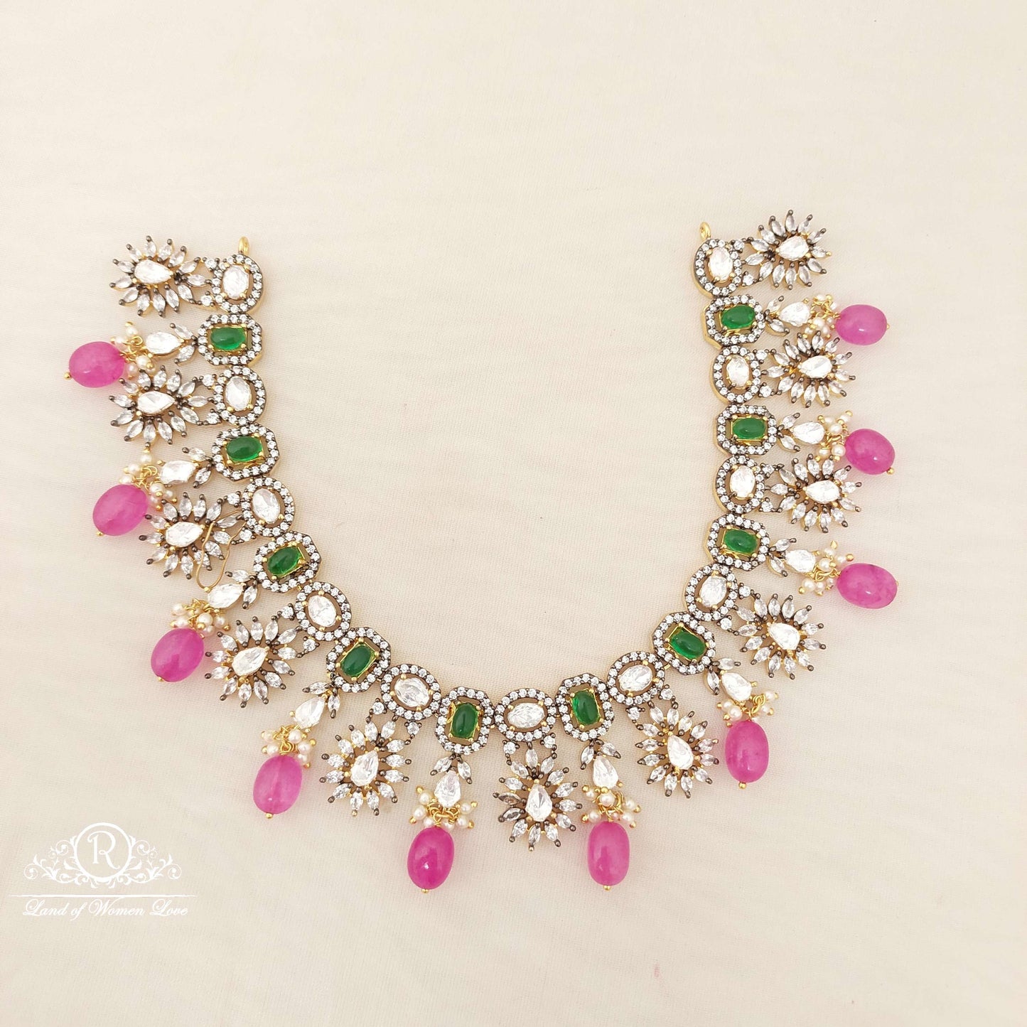 Silver Black CZ- White Stones & Green Stones Necklace-M208