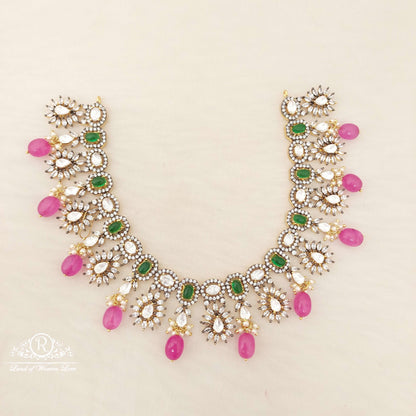 Silver Black CZ- White Stones & Green Stones Necklace-M208