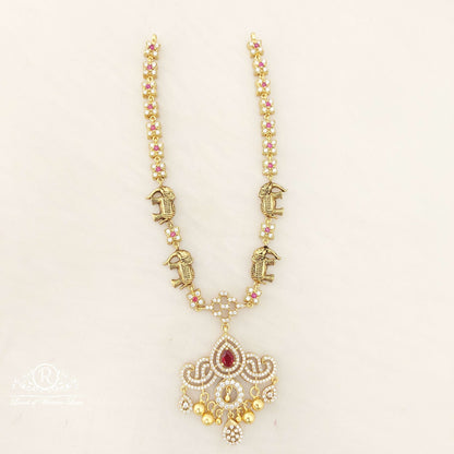 Silver With Elephant Design White&Kempu Stones Necklace-C126