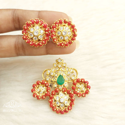 Silver Coral Locket With Earrings-D019S771