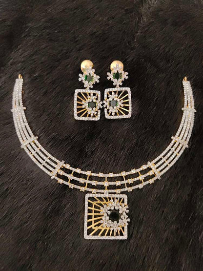 Silver CZ- Stones Necklace With Matching Earrings-RCJR240RCJR241