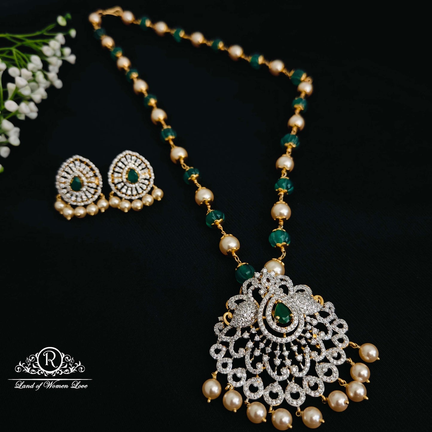 earrings silver pearls mala with diamond finishing pendant & earrings -h54cp100m03 92.5 silver ramala jewelry / ramala collections