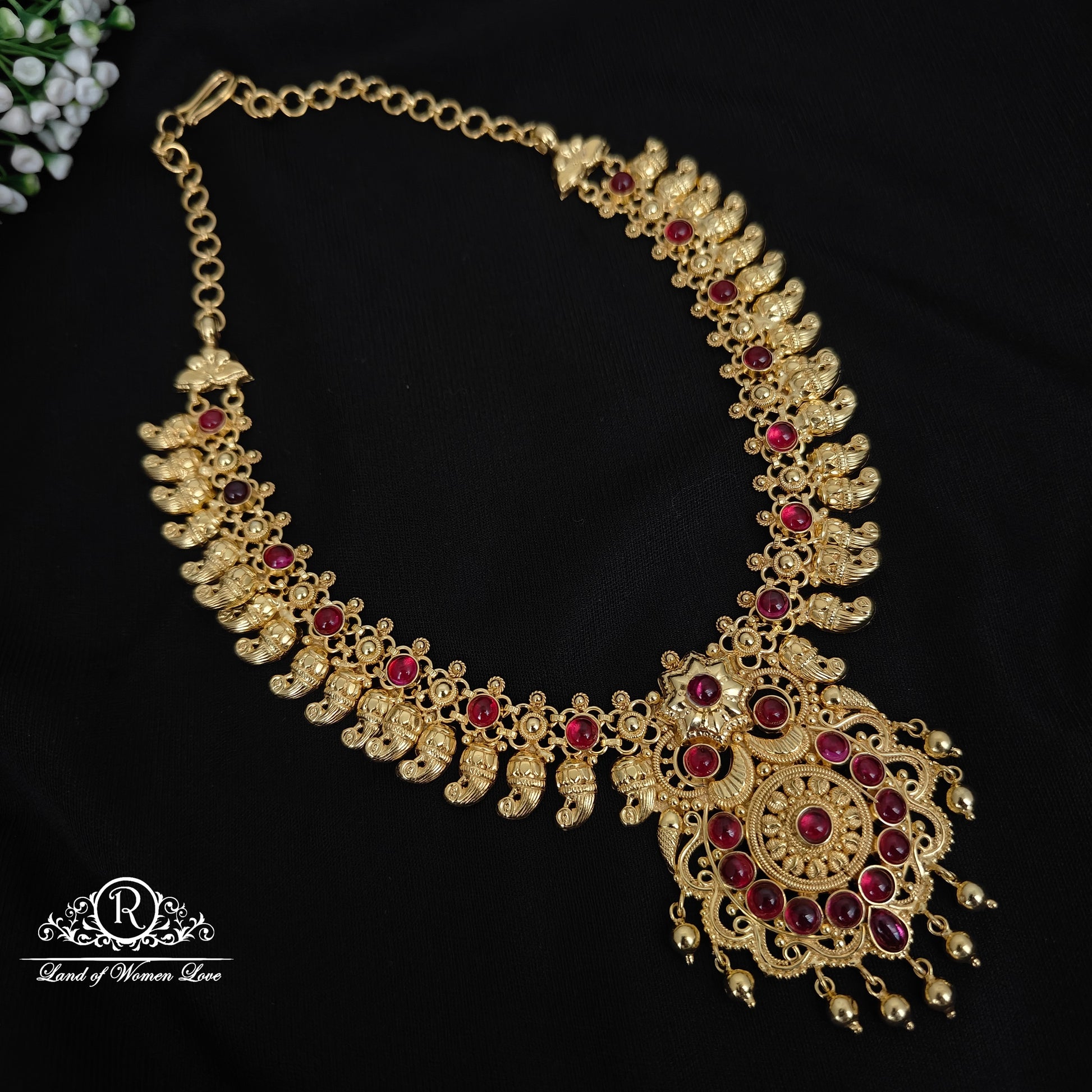 necklace 92.5 silver simple and cute necklace with ruby stones and hangings -rchk0162 ruby 92.5 silver ramala jewelry / ramala collections