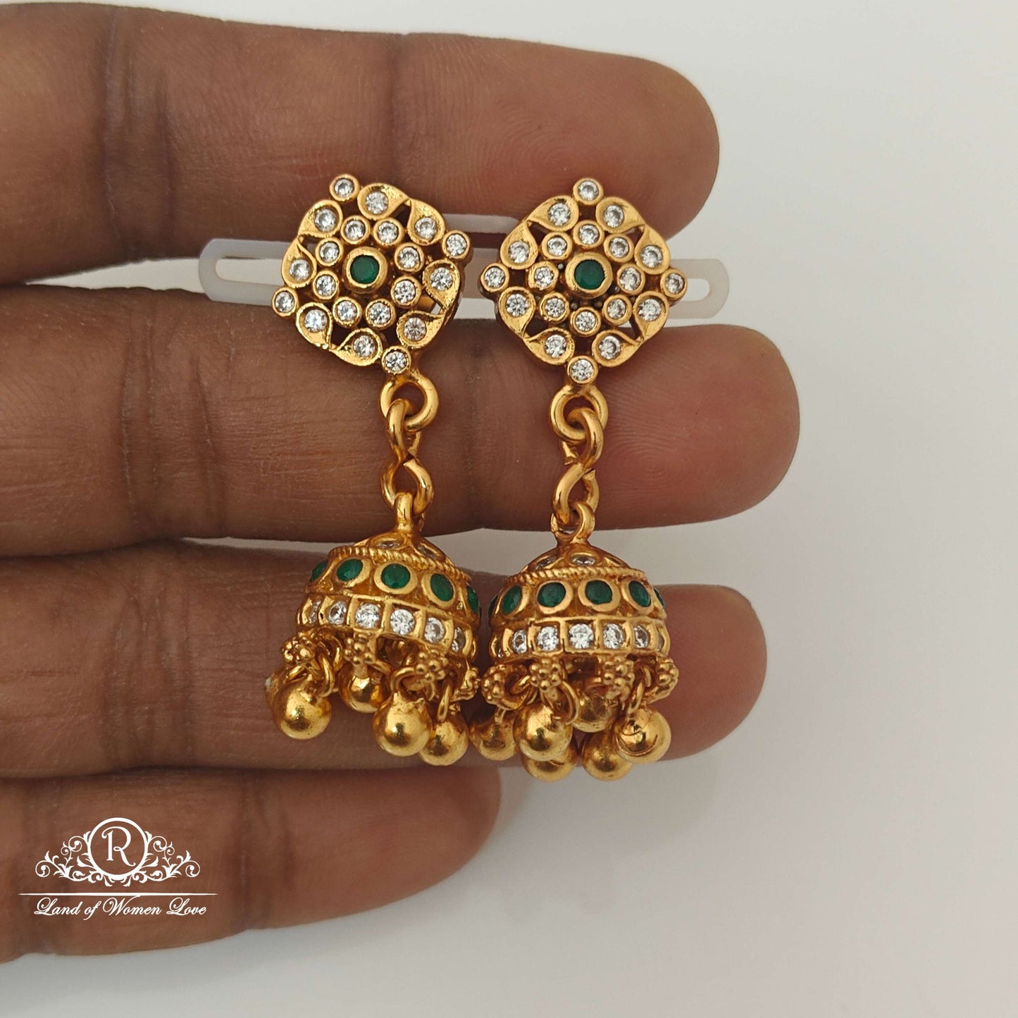 Silver White & Green Stones jhumkas-RCCP134