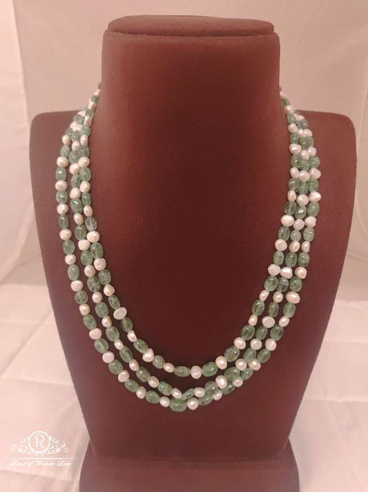 ovel shape green strawberry quartz with pearls 3 line beads mala-rcmb17 92.5 silver ramala jewelry / ramala collections