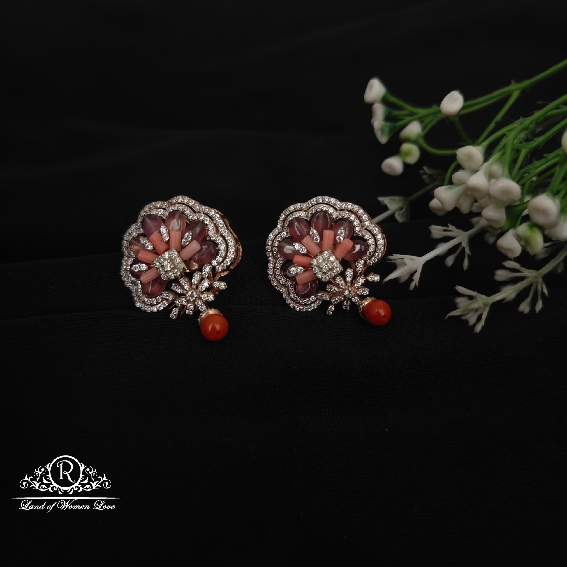 earrings 92.5 silver fusion rose gold polish flower design earrings-rcm1062 92.5 silver ramala jewelry / ramala collections