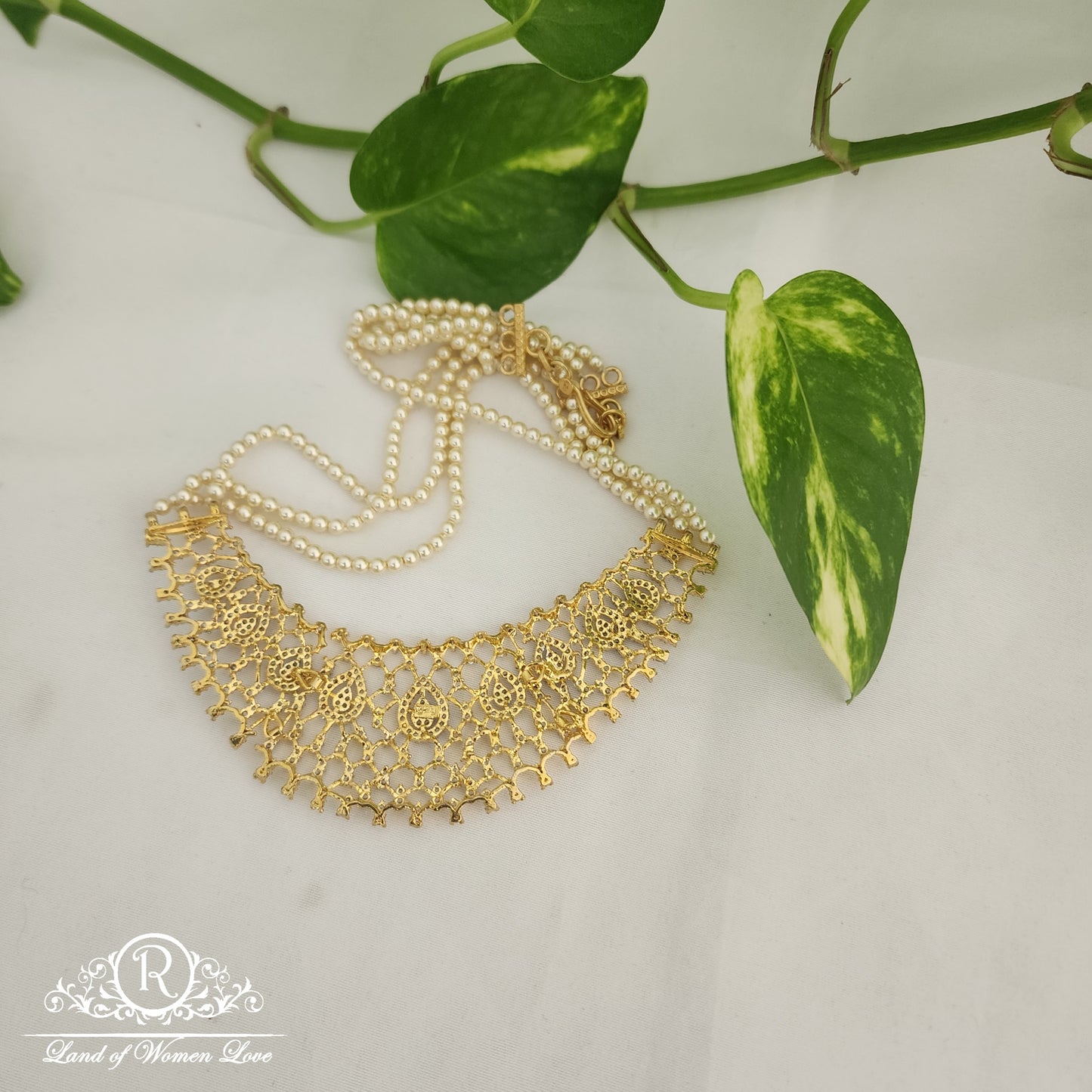 92.5 Silver Pearl Diamond replica choker - RCH373