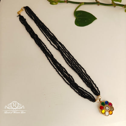 92.5 silver simple and cute black beads with multi colour kundan locket-rch964 kundan 92.5 silver ramala jewelry / ramala collections